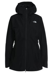 Veste imperméable noire pour femmes avec capuche, fermeture éclair intégrale à l'avant, poches latérales, et logo The North Face sur la poitrine gauche.