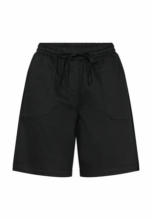 Schwarze Shorts zum Hineinschlüpfen aus weichem Stoff, mit einem elastischen Bund und einem Kordelzug sowie zwei seitlichen Taschen mit abgerundeten Kanten.