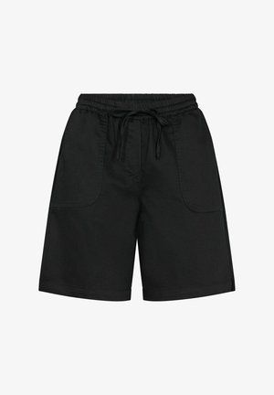 Black pull-on shorts made of soft fabric, featuring an elastic waistband with drawstring, and two side pockets with rounded edges.