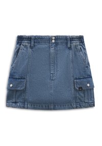 Sininen farkkuhame, jossa on joustava vyötärö, kaksi etutaskua ja yksi sivutasku tarrakiinnityksellä. Sileä textura, rakenteellinen muotoilu.