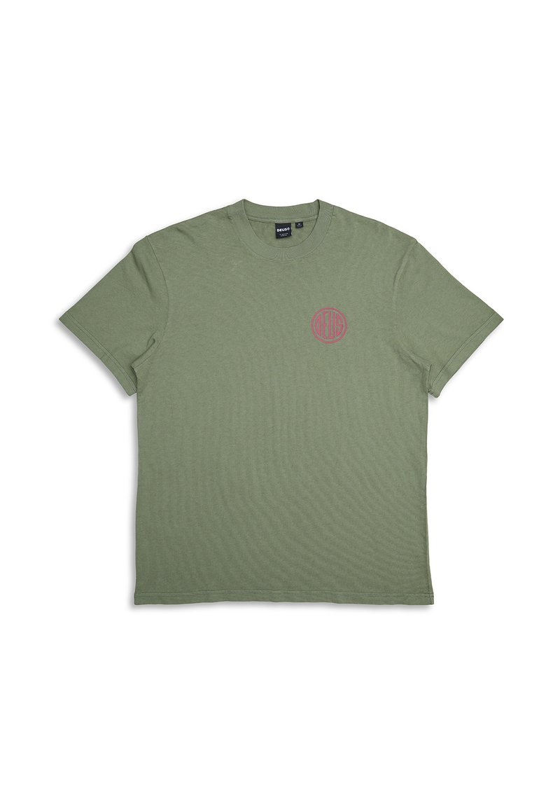 Olive green cotton t-shirt with short sleeves. Features a round red logo on the left chest. Smooth texture, classic crew neckline.