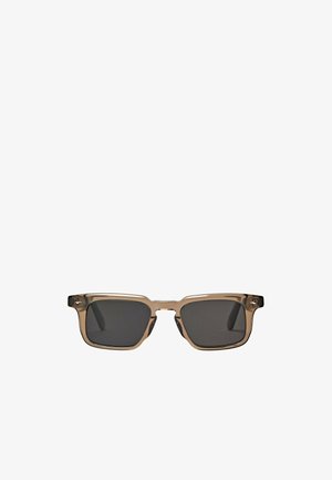 Rectangular sunglasses with brown translucent frames and dark gray lenses shown against a white background.