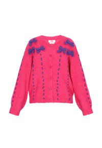 Cardigan tricotat roz, cu mâneci lungi, închidere cu nasturi și aplicații de fundițe violet cu detalii de cusătură contrastante.