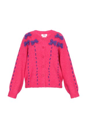 Roze gebreide cardigan met lange mouwen, een knopenfront en paarse strikapplicaties met contrasterende stikdetails.
