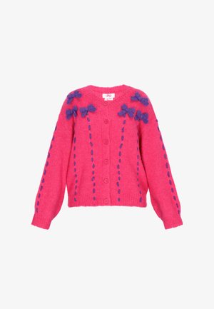 Pink knitted cardigan featuring long sleeves, a button front, and purple bow appliqués with contrasting stitching details.