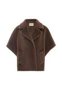 Cappotto marrone, oversize, con una texture morbida, colletto a punta e due tasche frontali. Presenta un design minimalista senza chiusure.