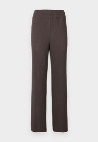 Brune ribbede bukser med elastisk liv, med en rett ben-design og teksturert stoff. Renslig, minimal stil.