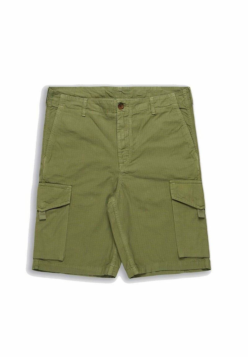 Pantaloni cargo verde oliva realizzati in tessuto testurizzato, con chiusura a bottone, due tasche laterali e due tasche cargo con pattina.
