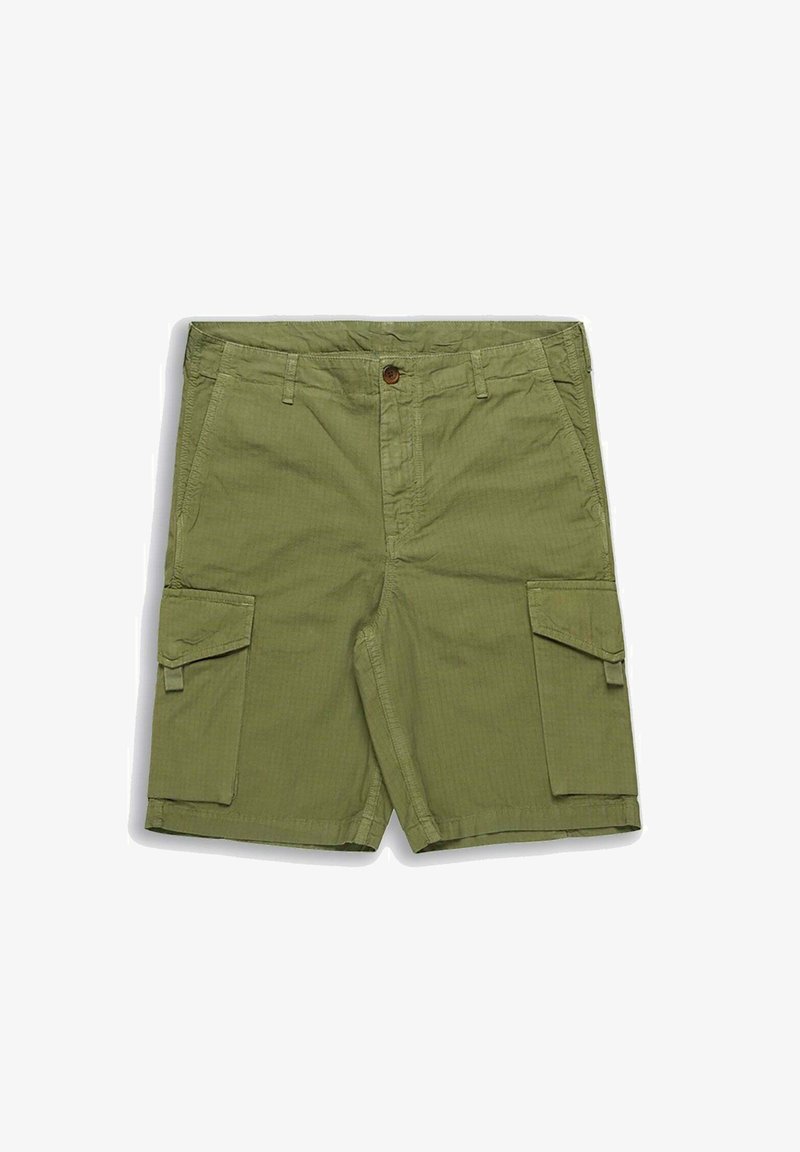 Pantaloni cargo verde oliva realizzati in tessuto testurizzato, con chiusura a bottone, due tasche laterali e due tasche cargo con pattina.