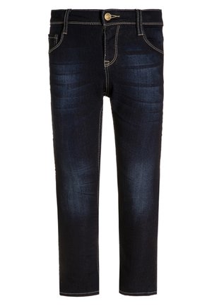 Mørkeblå slim-fit jeans med falmende detaljer, kontrastsyninger, fem-lomme-design og en messingknap lukning ved linningen.