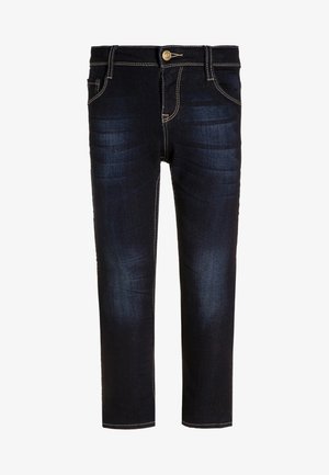 Mørkeblå slim-fit jeans med falmende detaljer, kontrastsyninger, fem-lomme-design og en messingknap lukning ved linningen.