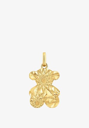Goldener Anhänger in Form eines Teddybären mit strukturierter Oberfläche, die Sternstrahlmuster aufweist, und einer kleinen Schlaufe zum Befestigen.