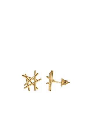 Goldene Steckerohrringe mit einem abstrakten, geometrischen Design aus sich kreuzenden dünnen Stäben, von vorne und von der Seite gezeigt.