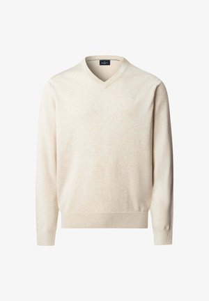 Hellbeiger V-Ausschnitt Pullover mit langen Ärmeln, gerippten Bündchen und Saum, mit einem kleinen gestickten Logo auf der linken Brust.