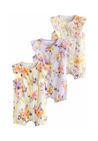 Trois grenouillères florales pour bébé de différentes couleurs : jaune, rayé violet et crème, avec des épaules froncées et des fermetures à pression.