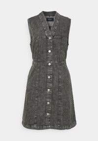 Denim dress in dark gray with a sleeveless design, featuring a folded collar, front button closure, and visible stitching details.