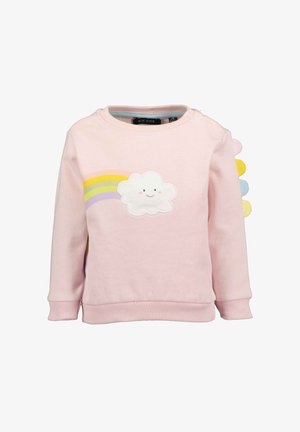 Felpa rosa con ricamo di arcobaleno e nuvola. Presenta polsini e orlo a coste, con accenti colorati a forma di nuvola sulla spalla.