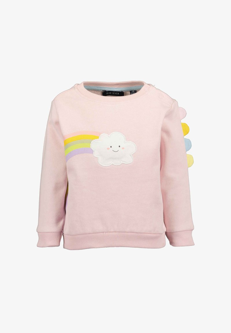 Sweat-shirt rose à enfiler avec broderie arc-en-ciel et nuage. Comprend des poignets et un ourlet côtelés, avec des accents colorés de nuages sur l'épaule.