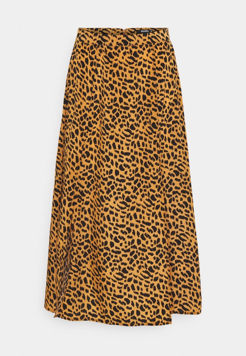 Jupe midi jaune et noire à imprimé léopard avec une silhouette évasée et une ceinture à la taille.