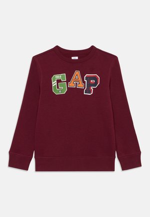 Bordeauxfarbener Hoodie mit Rundhalsausschnitt, gerippten Bündchen und Saum. Der Druck zeigt die Buchstaben „GAP“ und „1969“ in Grün, Orange, Marineblau und Rot.