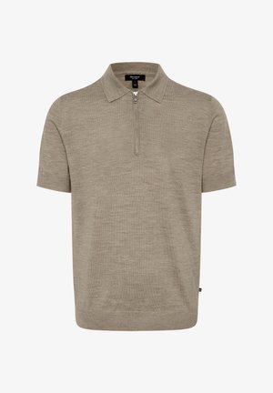 Korte ærmer polo skjorte i lys brun, med lynlåskrave, blød tekstur og lige kant med diskret branding detaljer.