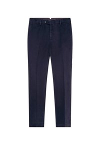 Marinblå, slim-fit byxor gjorda av mjukt tyg. Har en rak ben-design, bälteöglor och dragkedja fram med knappstängning.