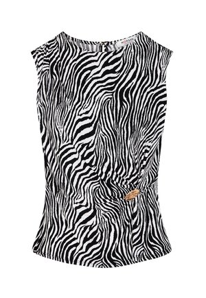 Ærmeløs sort og hvid zebra-print top med rund halsudskæring og rynket detalje, der holdes på plads af en lille brun knap i taljen.