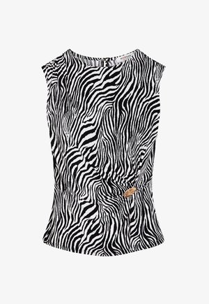 Ærmeløs sort og hvid zebra-print top med rund halsudskæring og rynket detalje, der holdes på plads af en lille brun knap i taljen.