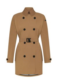 Beige trenchcoat med dobbeltknap-design, sorte knapper, belted talje og sidelommer. Glat tekstur og struktureret krave.
