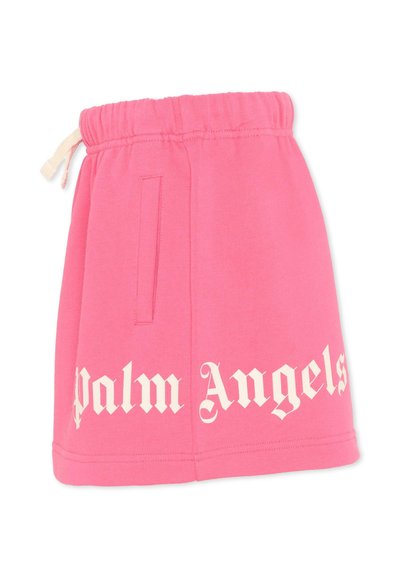 Jupe à taille élastique rose avec poche latérale et logo "Palm Angels" en grandes lettres gothiques blanches sur l'ourlet avant.