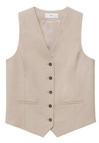 Gilet in lino beige con scollo a V, sei bottoni frontali e due tasche laterali. Tessuto liscio e vestibilità su misura. Nessun dettaglio visibile sul retro.