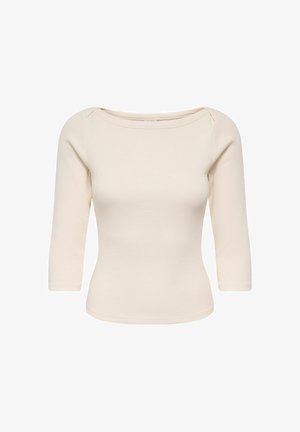 Beiges, figurbetontes, geripptes Stricktop mit Dreiviertelärmeln und weitem Rundhalsausschnitt.
