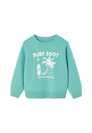 Child's turquoise sweatshirt with white surf-themed print including surfboard, palm tree, sun, and text "SURF SPOT SEA SURF AND SUN".