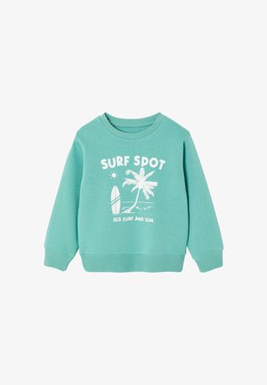 Kinder-Türkis-Sweatshirt mit weißem Surf-Motiv, darunter Surfboard, Palme, Sonne und Schriftzug "SURF SPOT SEA SURF AND SUN".