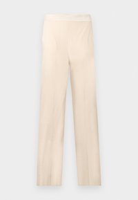 Μπεζ παντελόνια με ίσια γραμμή, ψηλή μέση, χωρίς ραφή στο μπροστινό μέρος και με ραμμένες πιέτες, τοποθετημένα επίπεδα σε λευκό φόντο.