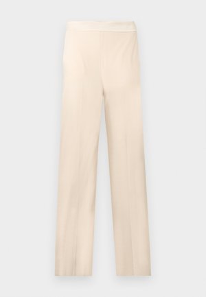 Beige bukser med lige ben og høj talje, sømløs front og skræddersyede folder, vist fladt mod en hvid baggrund.