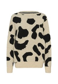 Gaišbeidzs džemperis ar melnu leopardu rakstu, adīts tekstūra, apaļš kakls un ribota apakšdaļa un piedurknes.