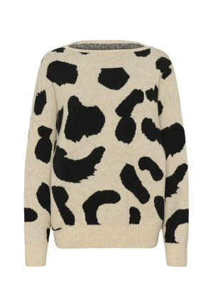 Svijetlosmeđi pulover s crnim uzorkom leoparda, pletena tekstura, okrugli izrez i rebrasti manžetni i donji rub.