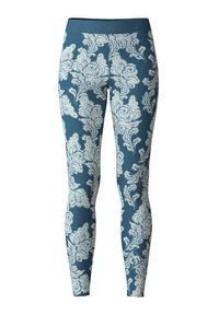 Leggings bleus avec des motifs floraux et de feuilles blancs élaborés, dotés d'une taille haute et d'un style ajusté.