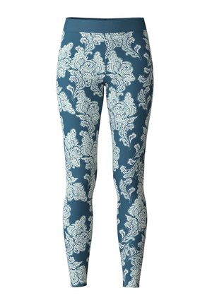 Blauwe leggings met witte ingewikkelde bloemen- en bladerenpatronen, voorzien van een hoge tailleband en een aansluitende stijl.