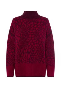 Dunkelroter und burgunderfarbener gemusterter Strickpullover mit hohem geripptem Kragen, langen Ärmeln sowie gerippten Bündchen und Saum.