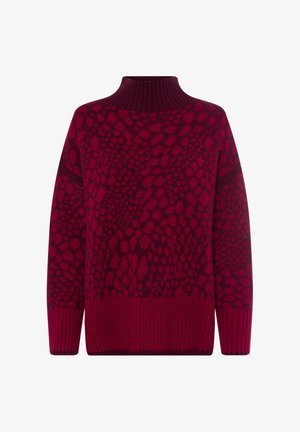 Dunkelroter und burgunderfarbener gemusterter Strickpullover mit hohem geripptem Kragen, langen Ärmeln sowie gerippten Bündchen und Saum.