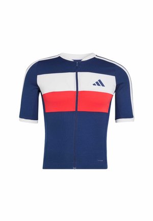 Maglia da ciclismo a maniche corte con righe orizzontali blu, bianche e rosse, zip frontale e logo Adidas sul petto.