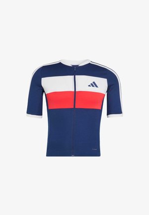 Maglia da ciclismo a maniche corte con righe orizzontali blu, bianche e rosse, zip frontale e logo Adidas sul petto.
