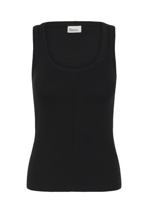 Fekete bordázott ujjatlan trikó mély kivágással és középen függőleges varrással, a gallér belsején "My Essential Wardrobe" címkével.