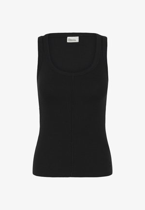 Fekete bordázott ujjatlan trikó mély kivágással és középen függőleges varrással, a gallér belsején "My Essential Wardrobe" címkével.