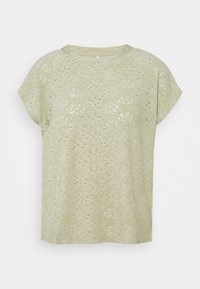 T-shirt vert clair à manches courtes en tissu perforé, présentant un motif ondulé et un col rond.