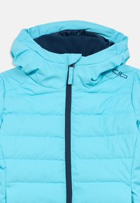 Light blue puffer jacket with a zippered front and navy interior. Features a hood, quilted design, and CMP logo on the shoulder.