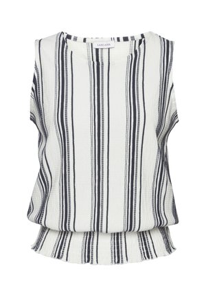 Blusa blanca sin mangas con rayas verticales negras, cuello redondo y bajo elástico fruncido, con etiqueta Lascana.