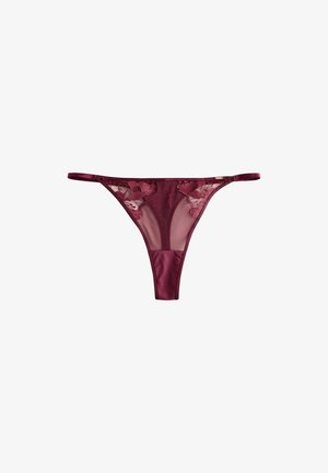 Burgundy thong made of satin and mesh, featuring floral lace accents at the front and thin side straps, with a soft texture.